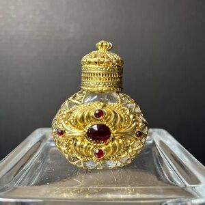 Miniature Czech Jeweled Gold Filigree Perfume Bottle with Dauber